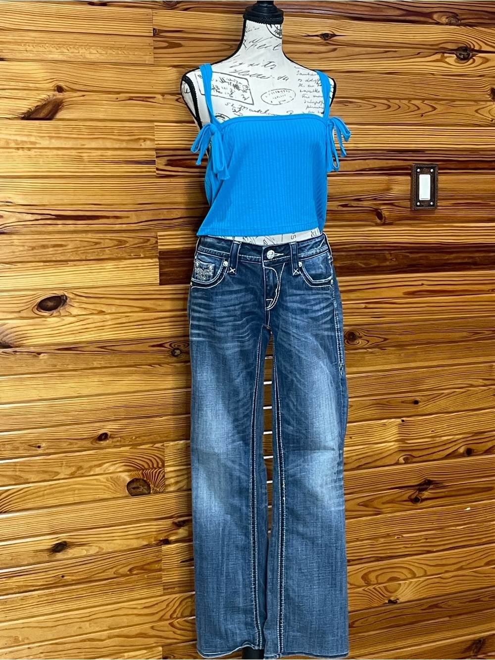 Rock Revival Bright Blue Wide-Leg Jeans with Distressed Fade